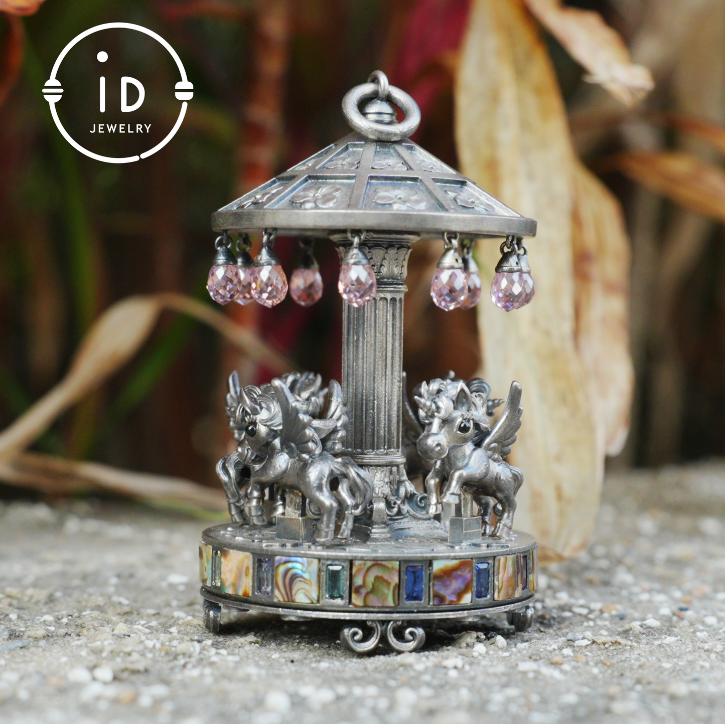 Unique Carousel Figurine in 925 Silver, with Abalone & Pink Crystal, Oxidized, Fairytale Decor, Handmade, Collectible Gift Idea