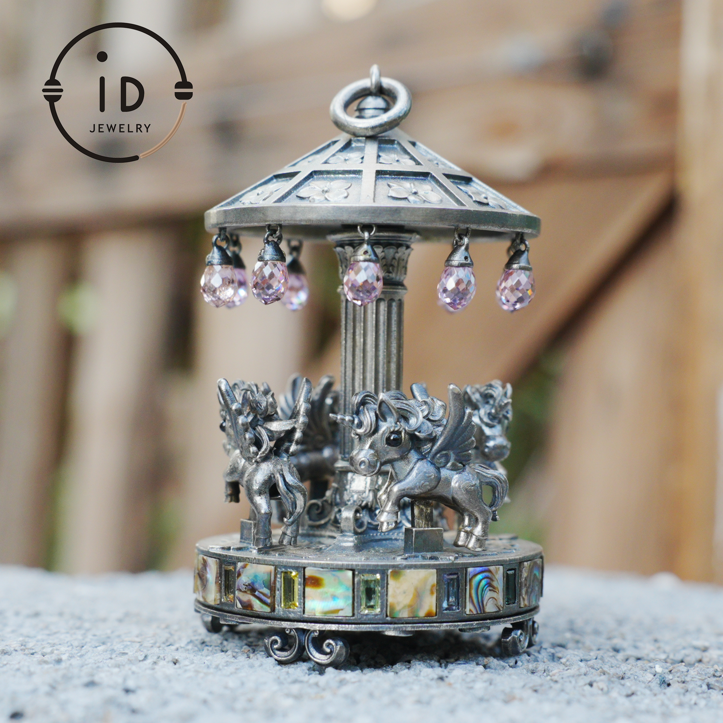 Unique Carousel Figurine in 925 Silver, with Abalone & Pink Crystal, Oxidized, Fairytale Decor, Handmade, Collectible Gift Idea