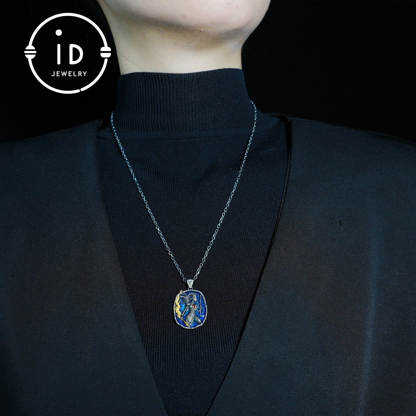 Aries Medallion Pendant | Irregular “Meteorite” Frame | Blue Enamel Starry Sheen | Orange Zirconia Center | Handmade Silver Jewelry