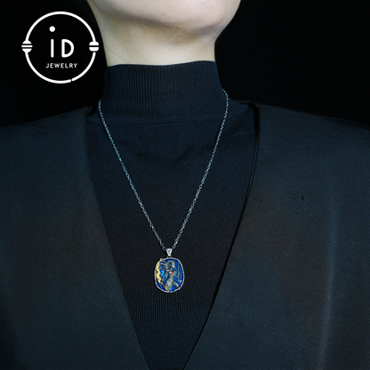 Aries Medallion Pendant | Irregular “Meteorite” Frame | Blue Enamel Starry Sheen | Orange Zirconia Center | Handmade Silver Jewelry