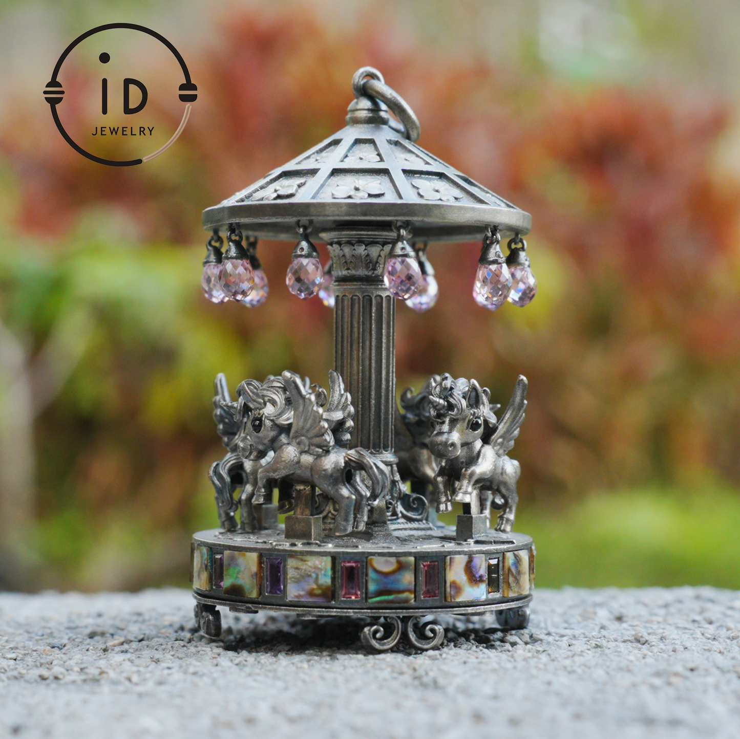 Unique Carousel Figurine in 925 Silver, with Abalone & Pink Crystal, Oxidized, Fairytale Decor, Handmade, Collectible Gift Idea
