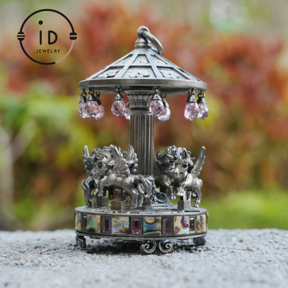 Unique Carousel Figurine in 925 Silver, with Abalone & Pink Crystal, Oxidized, Fairytale Decor, Handmade, Collectible Gift Idea