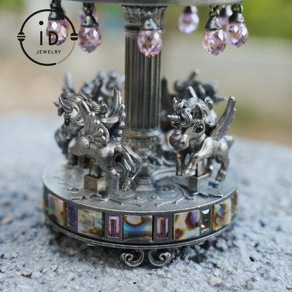 Unique Carousel Figurine in 925 Silver, with Abalone & Pink Crystal, Oxidized, Fairytale Decor, Handmade, Collectible Gift Idea