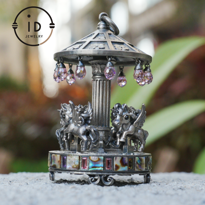 Unique Carousel Figurine in 925 Silver, with Abalone & Pink Crystal, Oxidized, Fairytale Decor, Handmade, Collectible Gift Idea