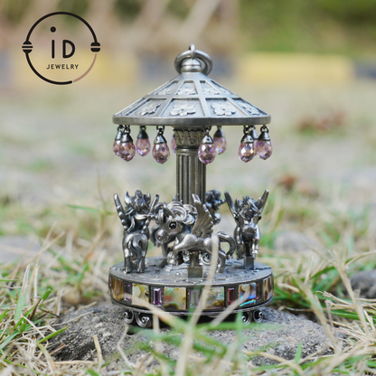 Unique Carousel Figurine in 925 Silver, with Abalone & Pink Crystal, Oxidized, Fairytale Decor, Handmade, Collectible Gift Idea