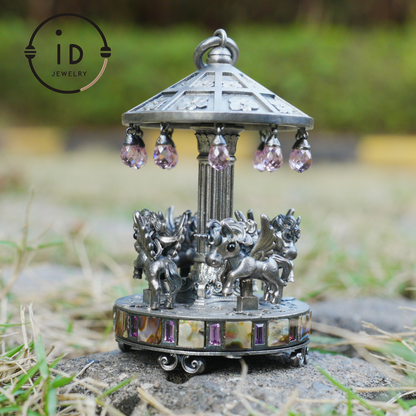 Unique Carousel Figurine in 925 Silver, with Abalone & Pink Crystal, Oxidized, Fairytale Decor, Handmade, Collectible Gift Idea