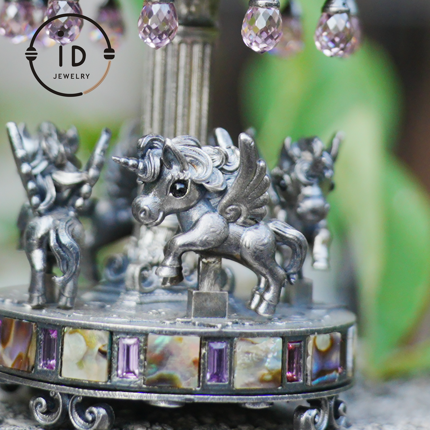 Unique Carousel Figurine in 925 Silver, with Abalone & Pink Crystal, Oxidized, Fairytale Decor, Handmade, Collectible Gift Idea