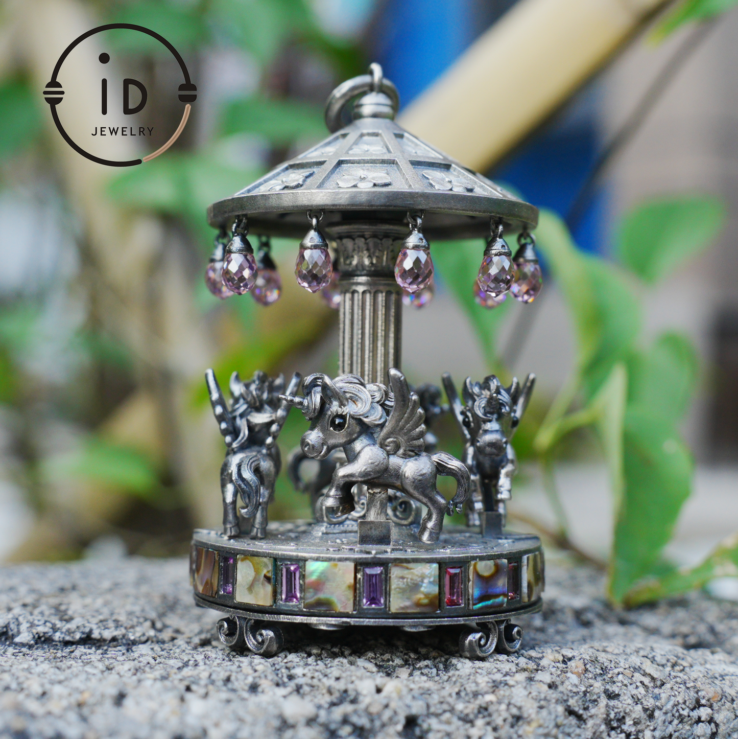 Unique Carousel Figurine in 925 Silver, with Abalone & Pink Crystal, Oxidized, Fairytale Decor, Handmade, Collectible Gift Idea