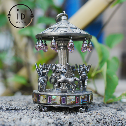 Unique Carousel Figurine in 925 Silver, with Abalone & Pink Crystal, Oxidized, Fairytale Decor, Handmade, Collectible Gift Idea