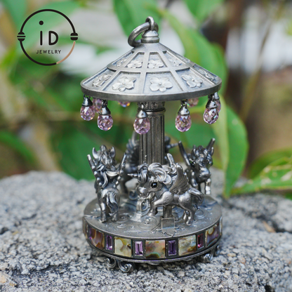 Unique Carousel Figurine in 925 Silver, with Abalone & Pink Crystal, Oxidized, Fairytale Decor, Handmade, Collectible Gift Idea