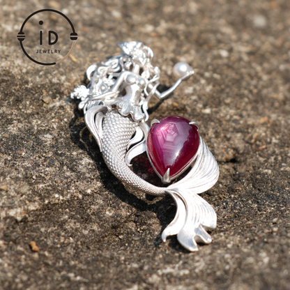 925 Sterling Silver Mermaid Star-Ruby Pendant Necklace | Hand-Carved Wave-Tail | Fantasy Ocean Talisman of Love & Protection
