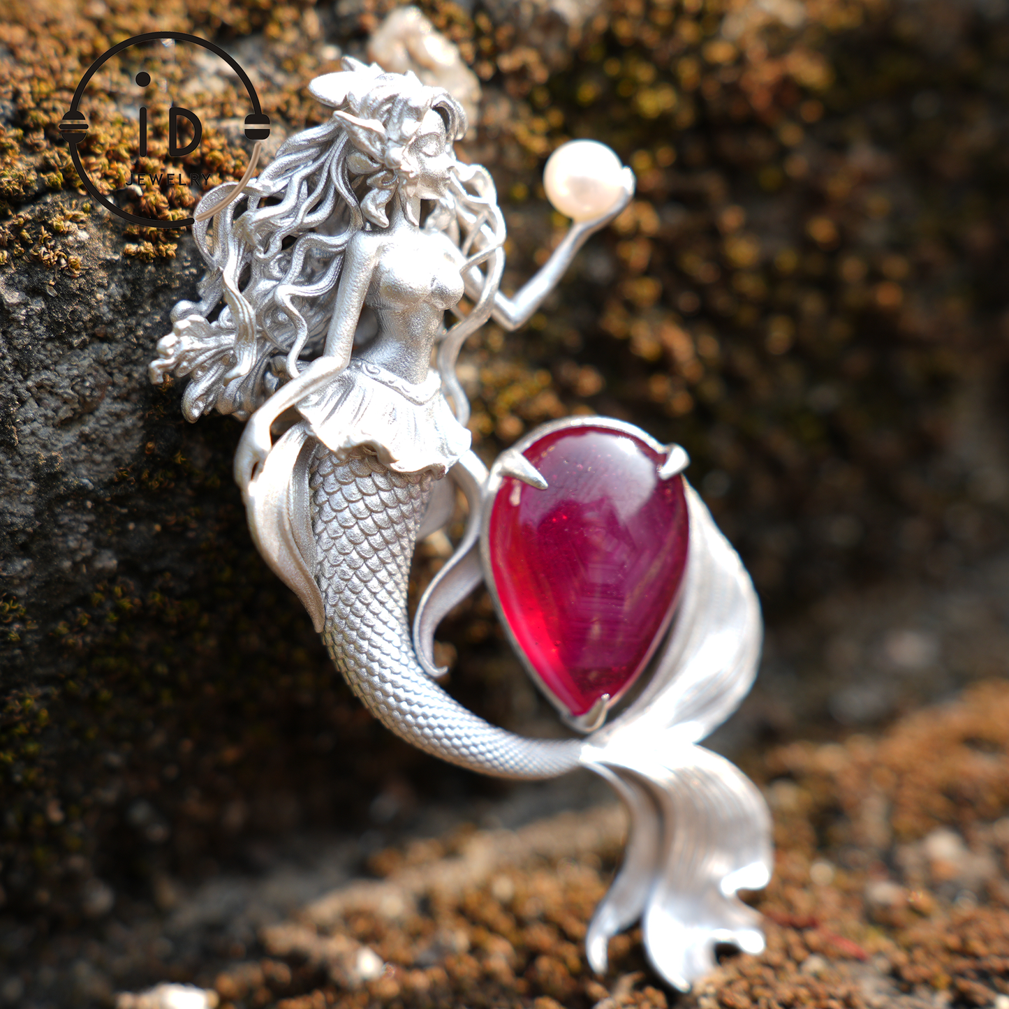 925 Sterling Silver Mermaid Star-Ruby Pendant Necklace | Hand-Carved Wave-Tail | Fantasy Ocean Talisman of Love & Protection