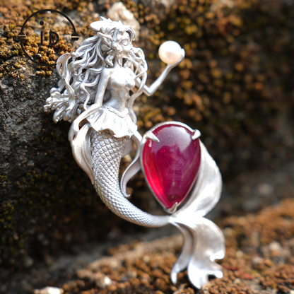 925 Sterling Silver Mermaid Star-Ruby Pendant Necklace | Hand-Carved Wave-Tail | Fantasy Ocean Talisman of Love & Protection