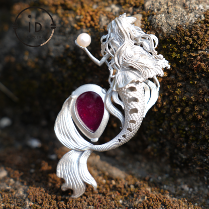 925 Sterling Silver Mermaid Star-Ruby Pendant Necklace | Hand-Carved Wave-Tail | Fantasy Ocean Talisman of Love & Protection