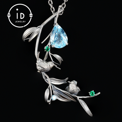 Handmade Brooch & Pendant with Blue Topaz, Green Gemstone, Oxidized 925 Silver, Nature-Inspired Fairy Jewelry, Gift for Her