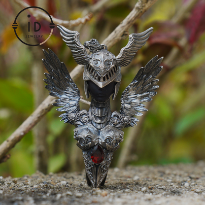 Valkyrie Pendant in 925 Sterling Silver with Ruby & Amethyst | Gothic Fantasy Totem Necklace | Handmade Mythology Jewelry for Collectors