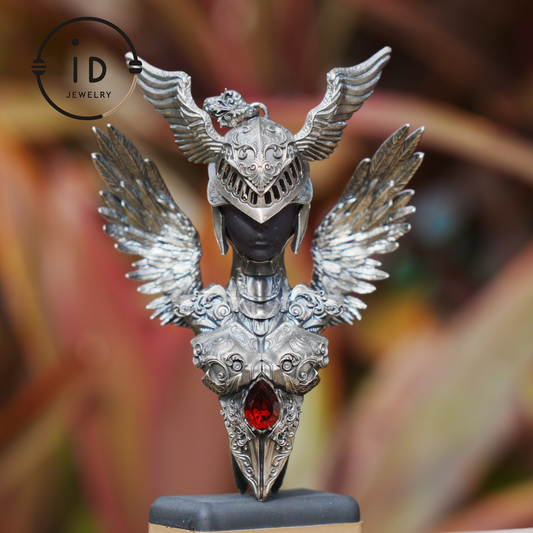 Valkyrie Pendant in 925 Sterling Silver with Ruby & Amethyst | Gothic Fantasy Totem Necklace | Handmade Mythology Jewelry for Collectors