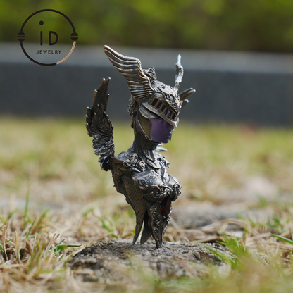 Valkyrie Pendant in 925 Sterling Silver with Ruby & Amethyst | Gothic Fantasy Totem Necklace | Handmade Mythology Jewelry for Collectors