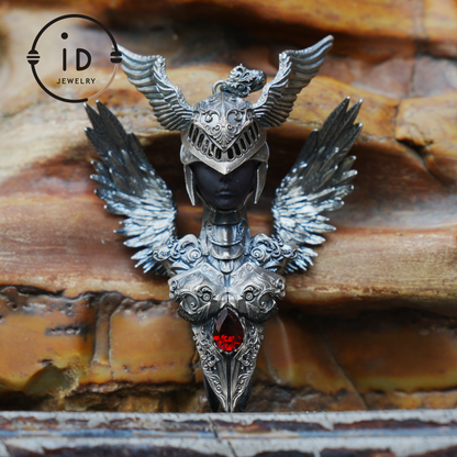 Valkyrie Pendant in 925 Sterling Silver with Ruby & Amethyst | Gothic Fantasy Totem Necklace | Handmade Mythology Jewelry for Collectors