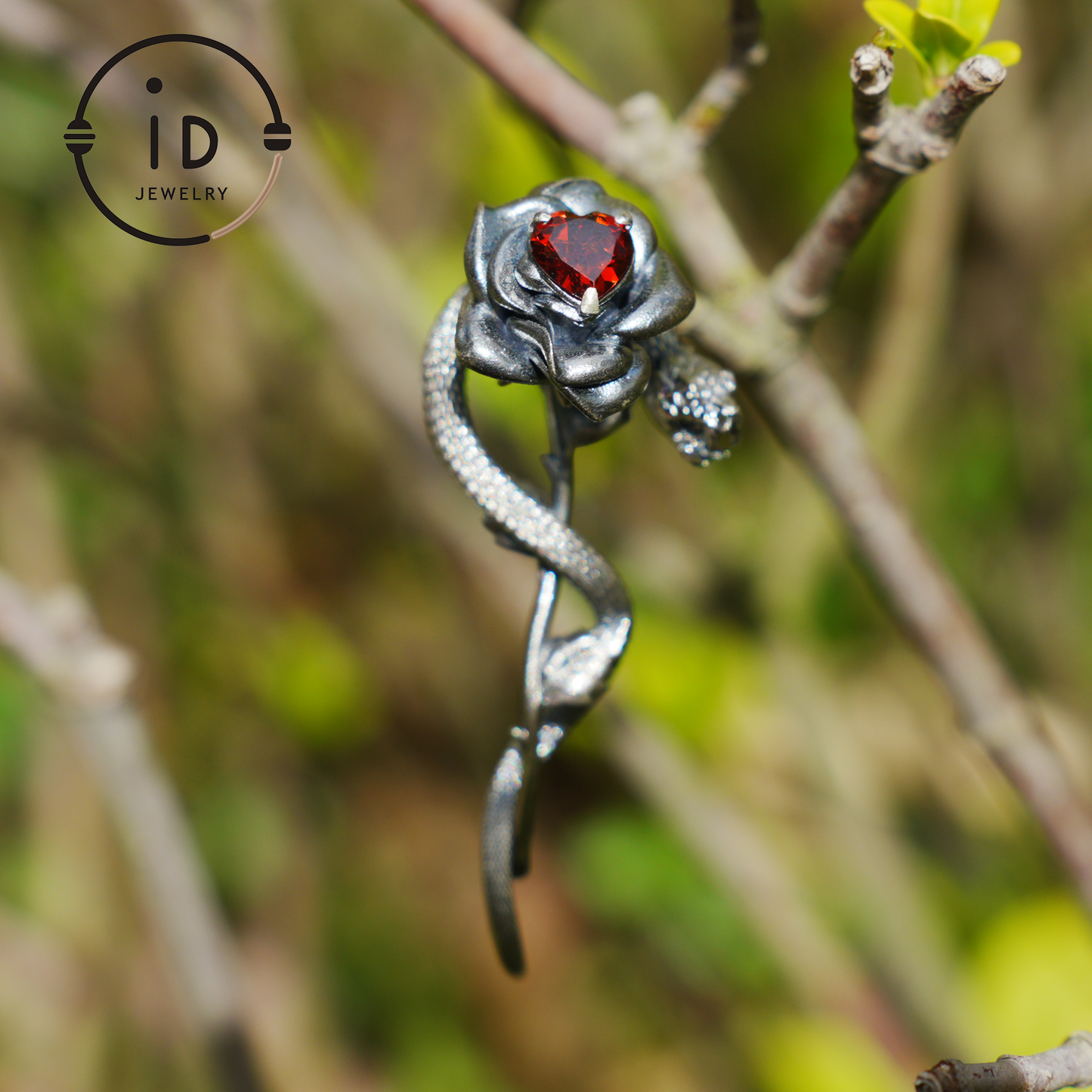 Heart Shaped Garnet Snake Pendant in 925 Sterling Silver with Rose Design, Gothic Vintage Style, Gift for Her, Dark Symbolic Jewelry