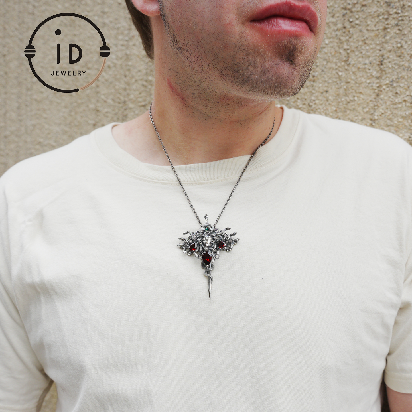 Handmade Gothic Pendant with Snake Head, Garnet & Green Chrysoprase, Oxidized 925 Silver, Vintage Style Gift for Her