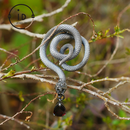 Heart-Shaped Garnet Snake Pendant in 925 Sterling Silver with Rose Motif · Gothic Vintage Aesthetic · Symbolic Dark Jewelry Gift for Her
