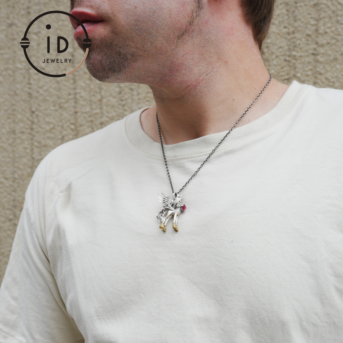 925 Silver Pendant with Unicorn, with Red Synthetic Ruby, Gothic Fantasy Jewelry, Oxidized Silver, Talisman Pendant for Self-Reflection