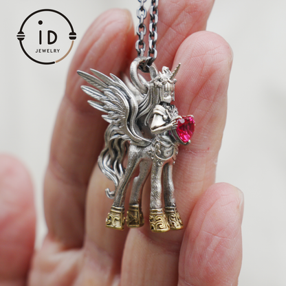 925 Silver Pendant with Unicorn, with Red Synthetic Ruby, Gothic Fantasy Jewelry, Oxidized Silver, Talisman Pendant for Self-Reflection