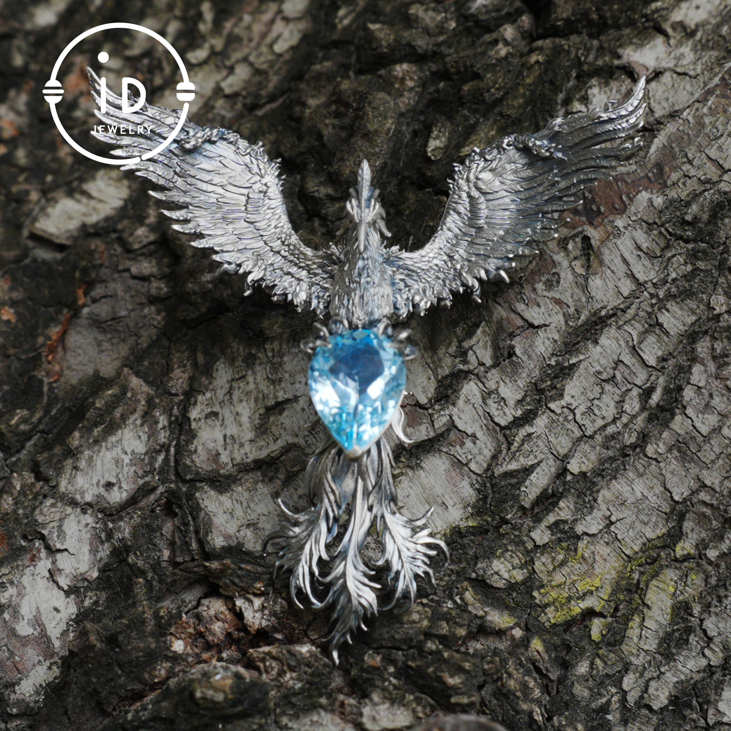 Handmade Phoenix Necklace with Aquamarine | Mystical Symbol | Vintage Fantasy Jewelry