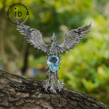 Handmade Phoenix Necklace with Aquamarine | Mystical Symbol | Vintage Fantasy Jewelry