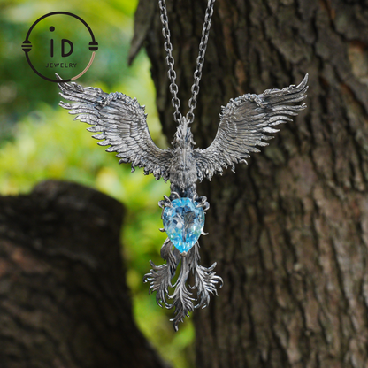 Handmade Phoenix Necklace with Aquamarine | Mystical Symbol | Vintage Fantasy Jewelry