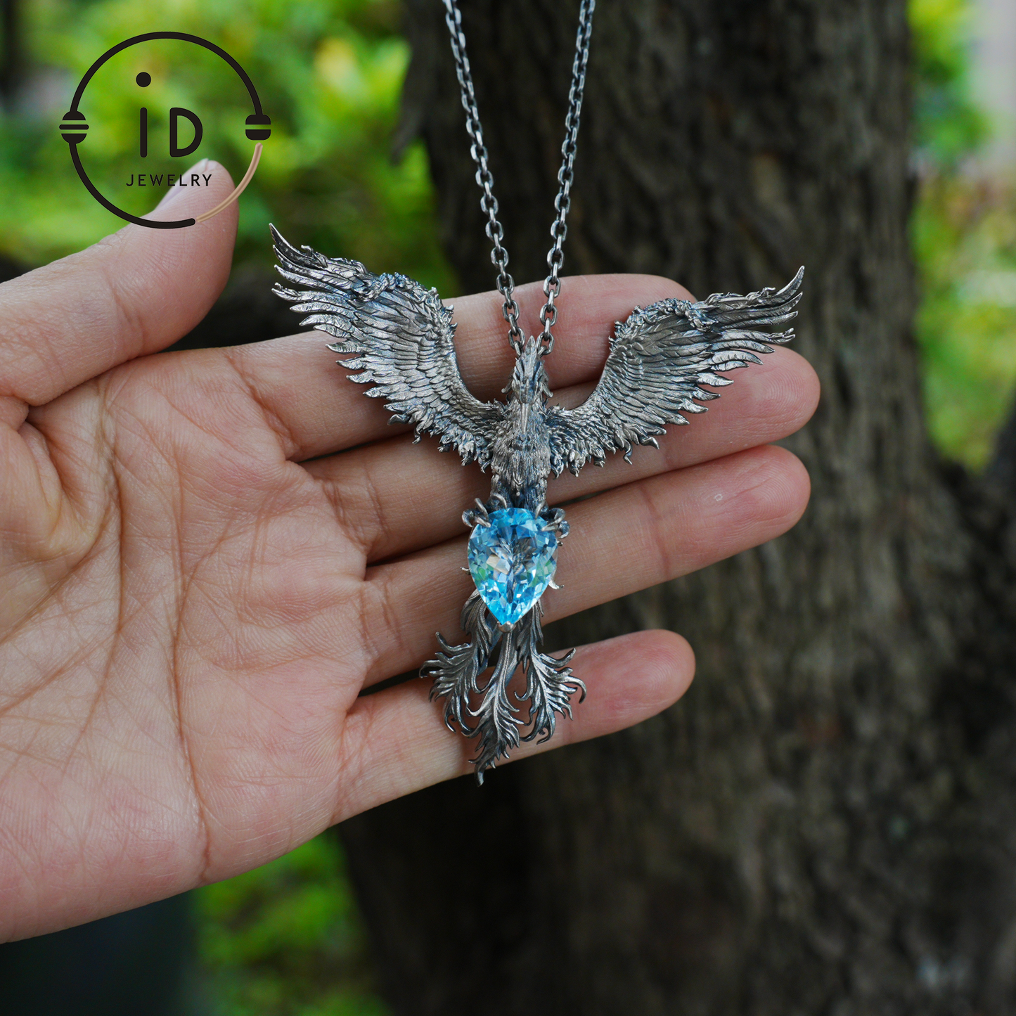 Handmade Phoenix Necklace with Aquamarine | Mystical Symbol | Vintage Fantasy Jewelry