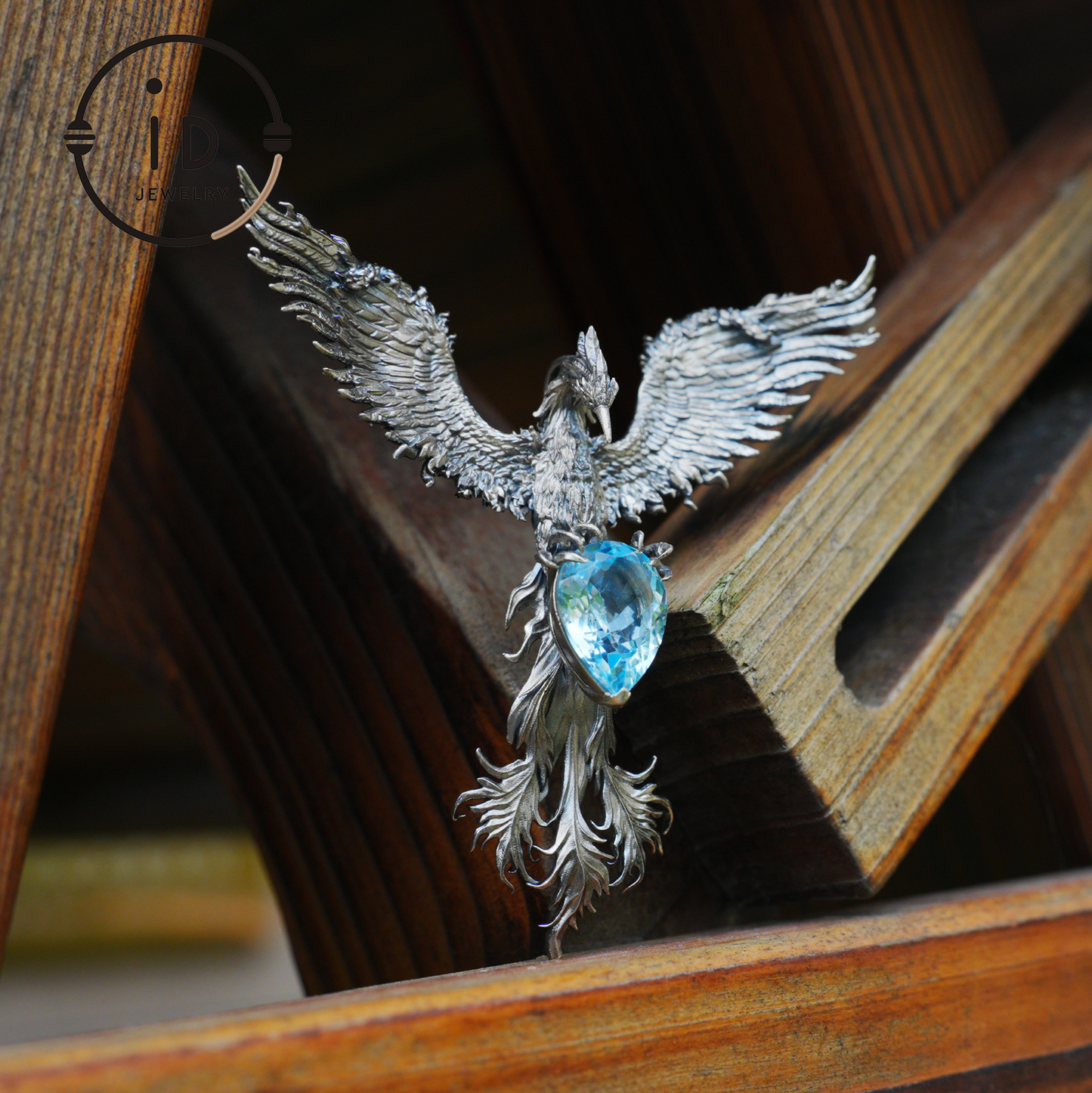 Handmade Phoenix Necklace with Aquamarine | Mystical Symbol | Vintage Fantasy Jewelry