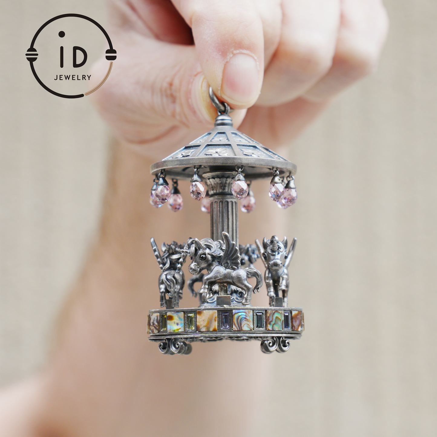 Unique Carousel Figurine in 925 Silver, with Abalone & Pink Crystal, Oxidized, Fairytale Decor, Handmade, Collectible Gift Idea