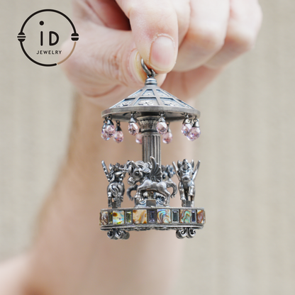 Unique Carousel Figurine in 925 Silver, with Abalone & Pink Crystal, Oxidized, Fairytale Decor, Handmade, Collectible Gift Idea