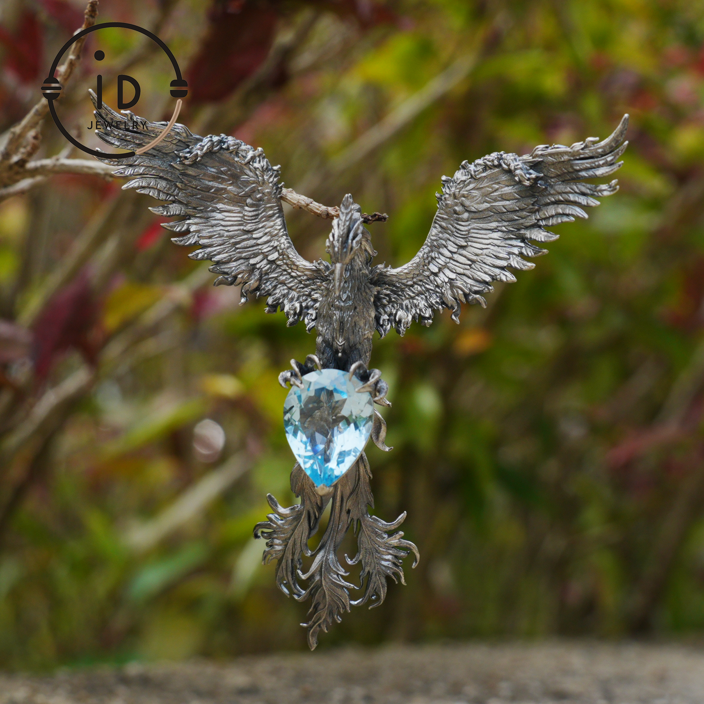 Handmade Phoenix Necklace with Aquamarine | Mystical Symbol | Vintage Fantasy Jewelry