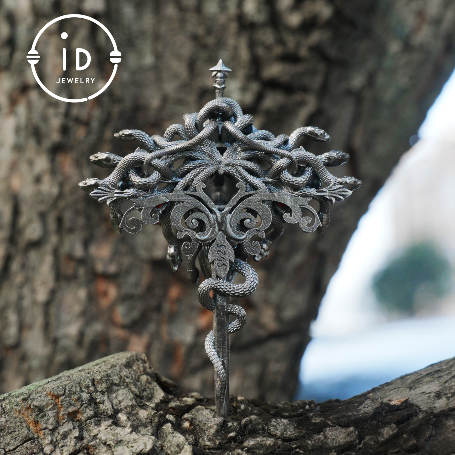 Handmade Gothic Pendant with Snake Head, Garnet & Green Chrysoprase, Oxidized 925 Silver, Vintage Style Gift for Her