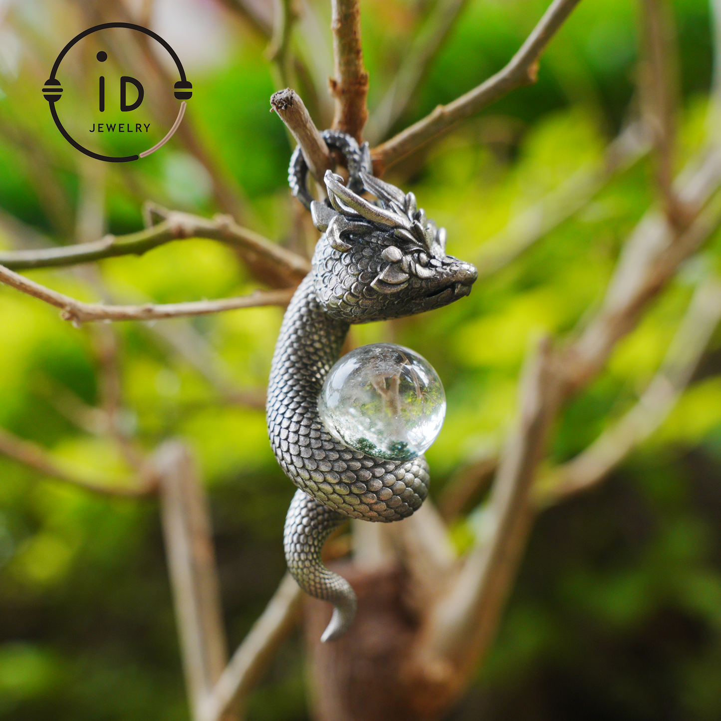 Phantom Quartz Pendant 925 Silver Dragon Totem Necklace Gothic Style Handmade Gift for Her Birthday Christmas Mini Sculpture Talisman