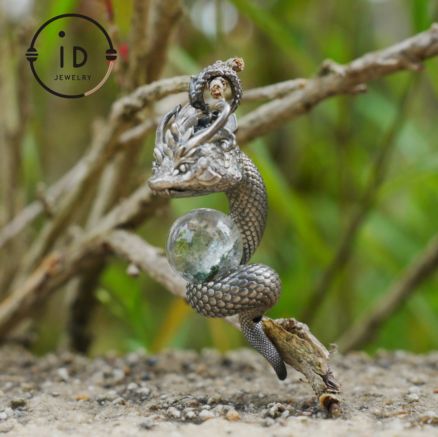 Phantom Quartz Pendant 925 Silver Dragon Totem Necklace Gothic Style Handmade Gift for Her Birthday Christmas Mini Sculpture Talisman