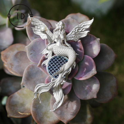 Silver Mermaid Pendant with Wings in 925 Sterling Silver with Pearl and Blue Goldstone, Gothic Vintage Style, Gift for Women