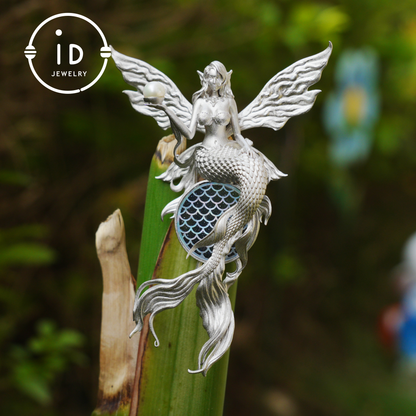 Silver Mermaid Pendant with Wings in 925 Sterling Silver with Pearl and Blue Goldstone, Gothic Vintage Style, Gift for Women