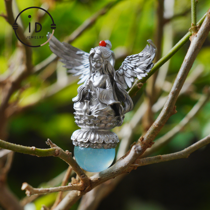 Silver pendant with figure wing design aquamarine amulet oxidized 925 jewelry gothic fairy style necklace gift for her spiritual vintage