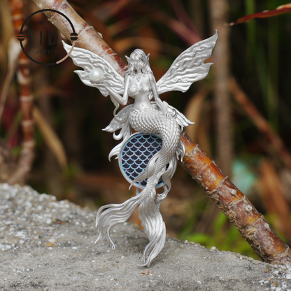 Silver Mermaid Pendant with Wings in 925 Sterling Silver with Pearl and Blue Goldstone, Gothic Vintage Style, Gift for Women