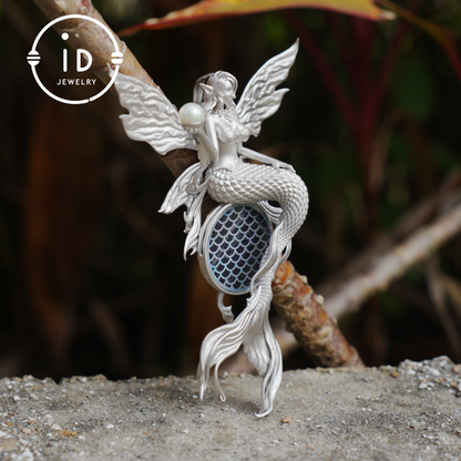 Silver Mermaid Pendant with Wings in 925 Sterling Silver with Pearl and Blue Goldstone, Gothic Vintage Style, Gift for Women