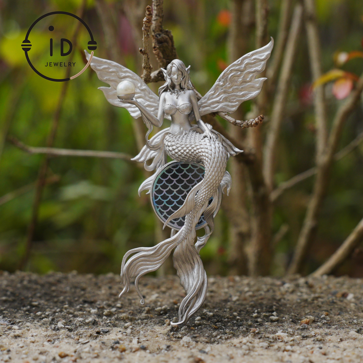 Silver Mermaid Pendant with Wings in 925 Sterling Silver with Pearl and Blue Goldstone, Gothic Vintage Style, Gift for Women