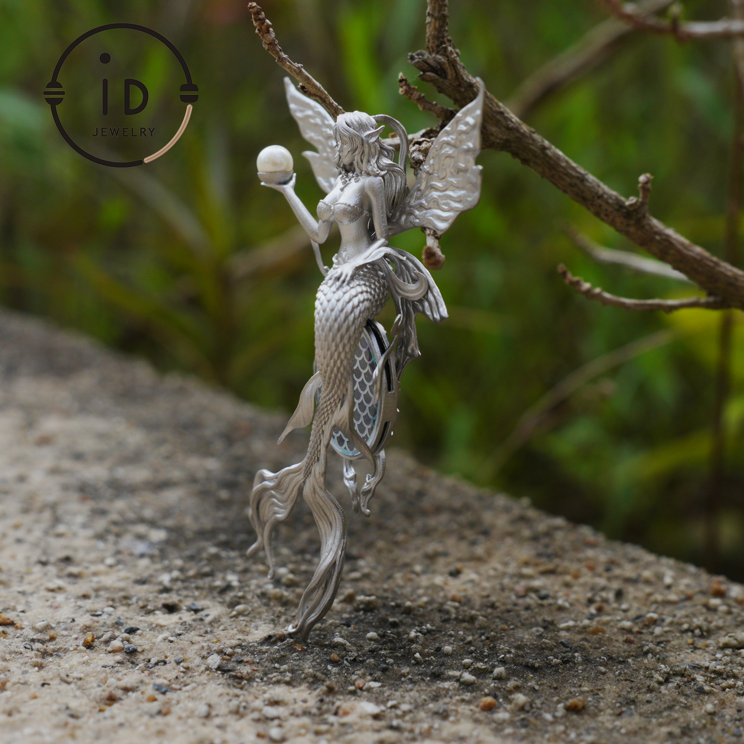 Silver Mermaid Pendant with Wings in 925 Sterling Silver with Pearl and Blue Goldstone, Gothic Vintage Style, Gift for Women