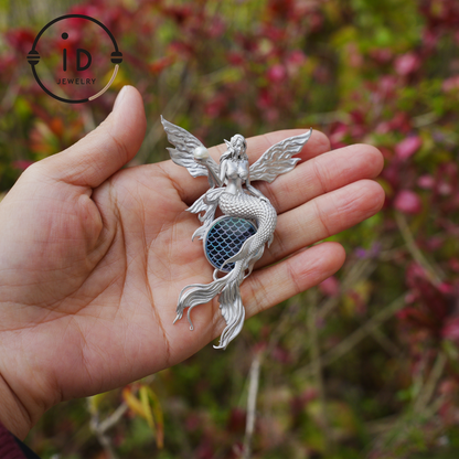 Silver Mermaid Pendant with Wings in 925 Sterling Silver with Pearl and Blue Goldstone, Gothic Vintage Style, Gift for Women