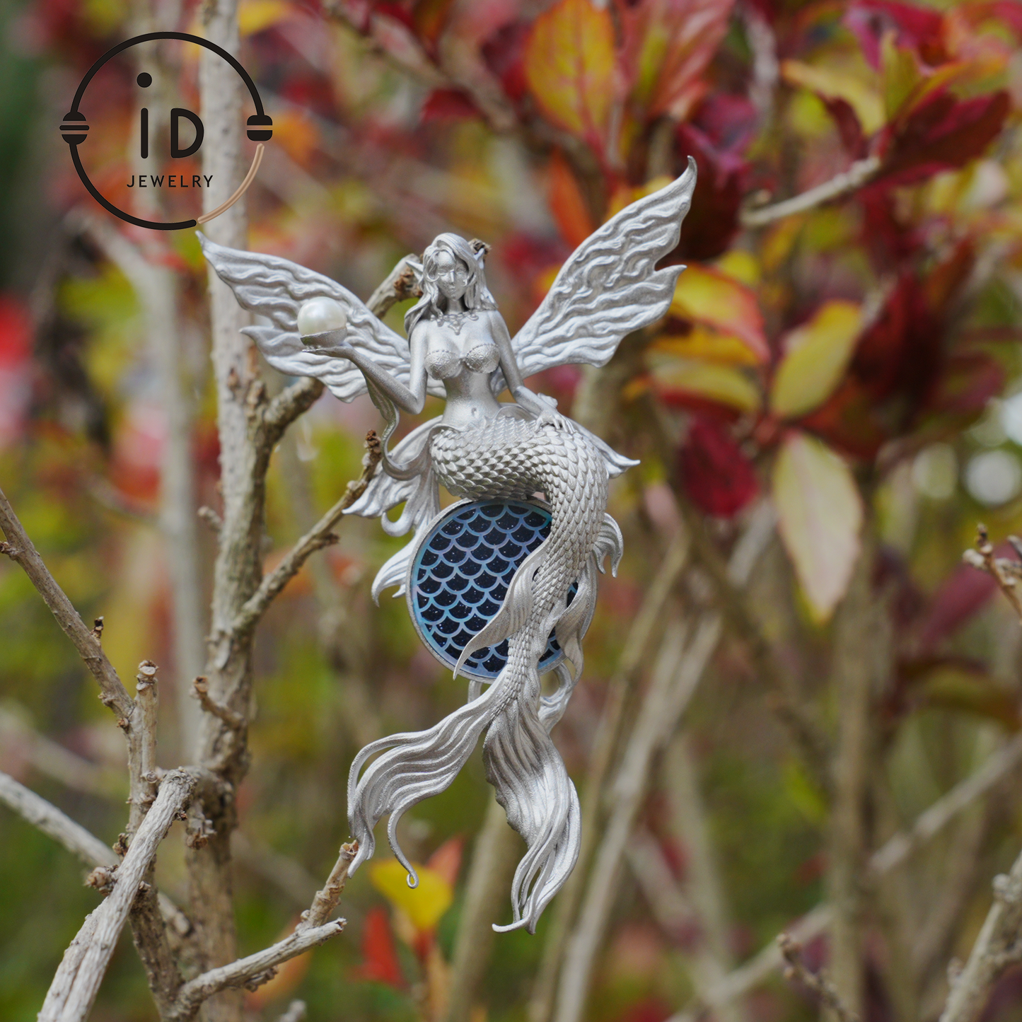 Silver Mermaid Pendant with Wings in 925 Sterling Silver with Pearl and Blue Goldstone, Gothic Vintage Style, Gift for Women