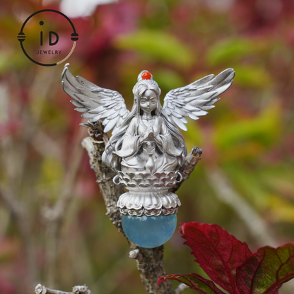 Silver pendant with figure wing design aquamarine amulet oxidized 925 jewelry gothic fairy style necklace gift for her spiritual vintage