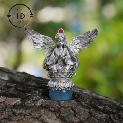 Silver pendant with figure wing design aquamarine amulet oxidized 925 jewelry gothic fairy style necklace gift for her spiritual vintage